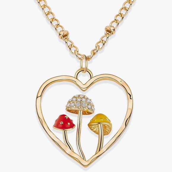 NEW 14K Gold Plated Heart Pendant Necklace with Red and Yellow Mushroom Design